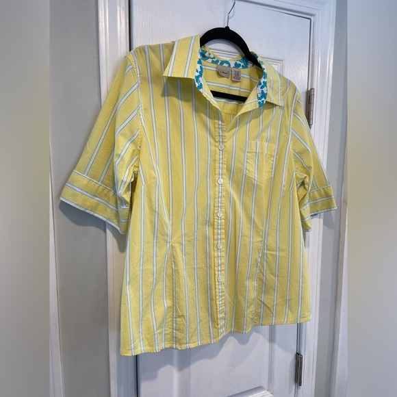 L.L. Bean Size XL Yellow Turquoise Stripe Short Sleeve Cotton Button Down Shirt - Picture 6 of 12